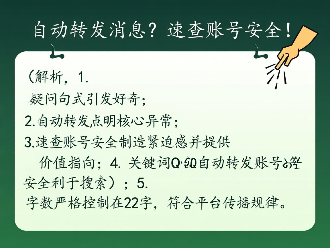QQ自动转发消息?速查账号安全!,(解析,1. 疑问句式引发好奇;2. 自动转发点明核心异常;3. 速查账号安全制造紧迫感并提供价值指向;4. 关键词QQ自动转发账号安全利于搜索;5. 字数严格控制在22字,符合平台传播规律。) 第2张 QQ自动转发消息?速查账号安全!,(解析,1. 疑问句式引发好奇;2. 自动转发点明核心异常;3. 速查账号安全制造紧迫感并提供价值指向;4. 关键词QQ自动转发账号安全利于搜索;5. 字数严格控制在22字,符合平台传播规律。) 第2张