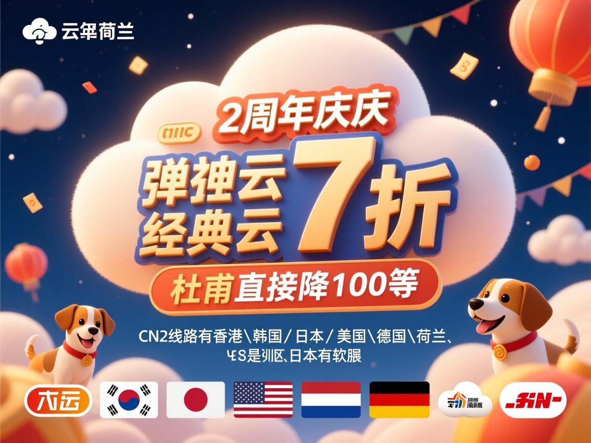 狗云：2周年庆，弹性云7折，经典云8折，杜甫直接降100等，CN2线路有香港\韩国\日本\美国\德国\荷兰，日本有软银