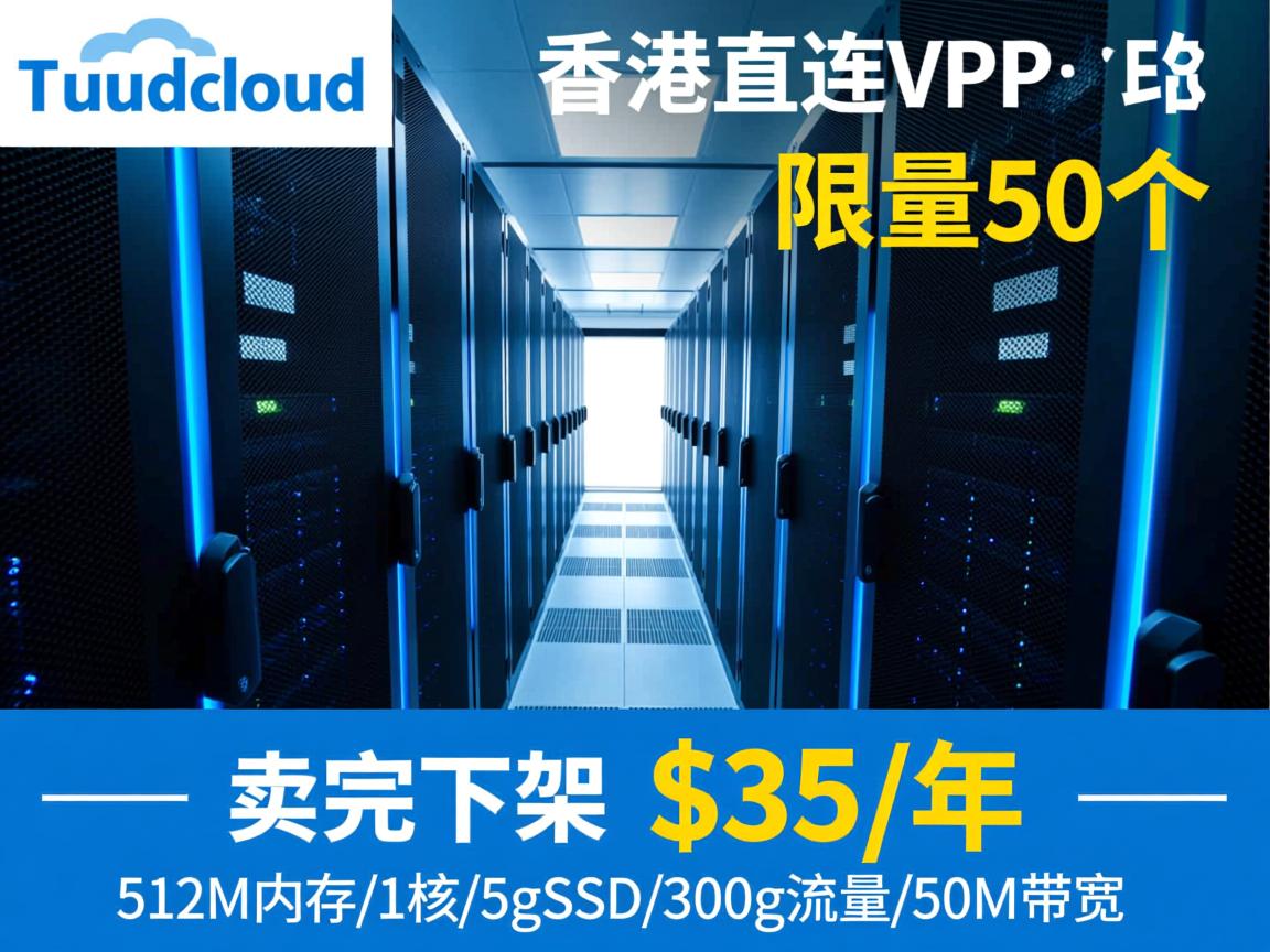 tudcloud：香港直连VPS，限量50个，卖完下架，$35/年，512M内存/1核/5gSSD/300g流量/50M带宽