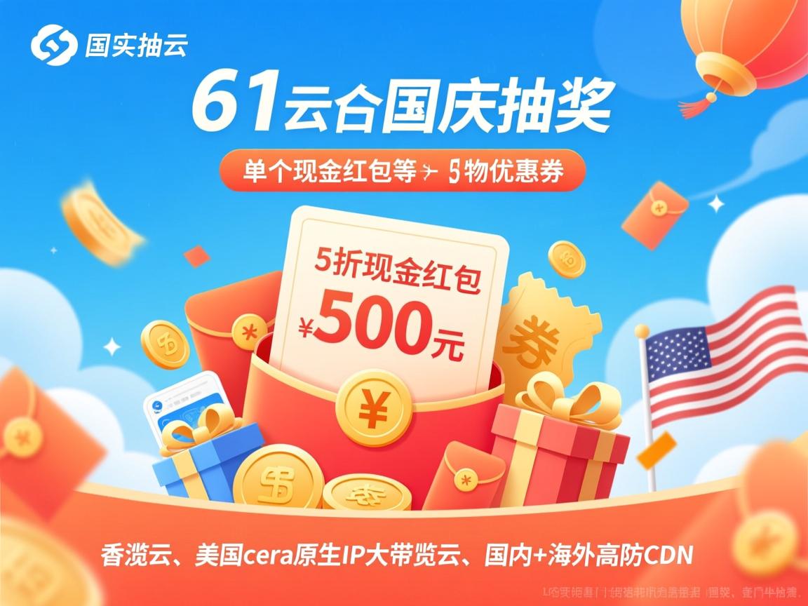 61cloud:国庆抽奖,单个现金红包500元,5折优惠券,实物礼包等,香港云、美国cera原生IP大带宽云、国内+海外高防CDN 第2张 61cloud:国庆抽奖,单个现金红包500元,5折优惠券,实物礼包等,香港云、美国cera原生IP大带宽云、国内+海外高防CDN 第2张