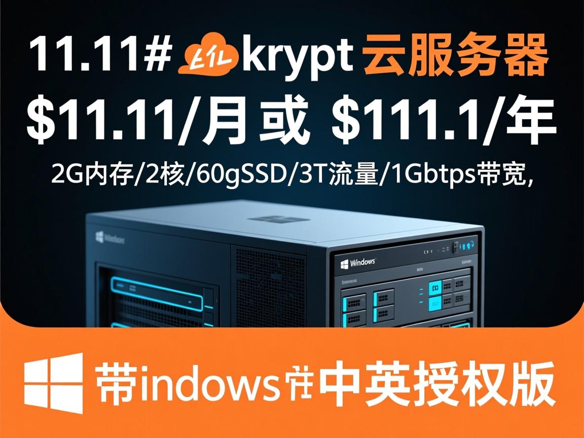 #11.11# krypt云服务器：$11.11/月或$111.1/年，2G内存/2核/60gSSD/3T流量/1Gbps带宽，带Windows中英授权版