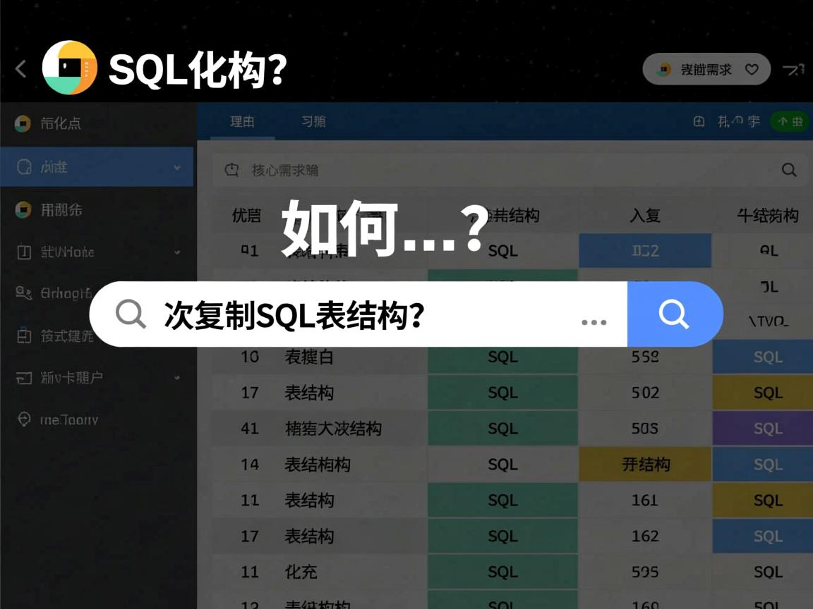 如何快速复制SQL表结构,理由与优化点,,核心需求明确,直接点明用户搜索意图复制SQL表结构。,加入诱因快速,暗示有高效方法,提升点击吸引力。,符合搜索引擎习惯,采用如何…开头的疑问句式,是常见的问题搜索模式。,简洁有力,共10个汉字,远低于30字限制,重点突出。,技术关键词准确,包含SQL、复制、表结构等核心搜索词,利于SEO。 第3张 如何快速复制SQL表结构,理由与优化点,,核心需求明确,直接点明用户搜索意图复制SQL表结构。,加入诱因快速,暗示有高效方法,提升点击吸引力。,符合搜索引擎习惯,采用如何…开头的疑问句式,是常见的问题搜索模式。,简洁有力,共10个汉字,远低于30字限制,重点突出。,技术关键词准确,包含SQL、复制、表结构等核心搜索词,利于SEO。 第3张